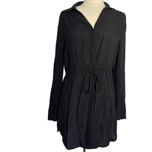 HD IN PARIS Black Button Up Dress Longsleeve Cover Up Semi Sheer Tie Waist Med - Picture 1 of 8
